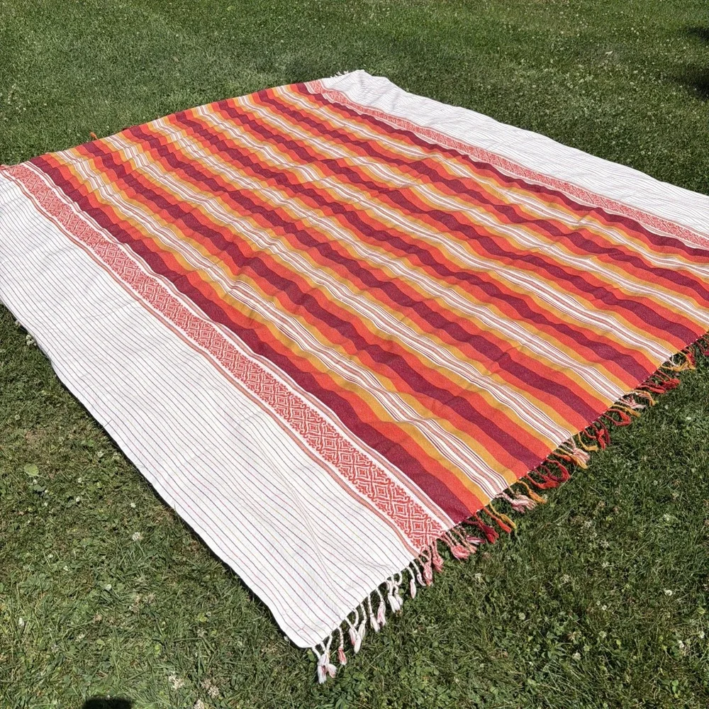 Vintage 100% Cotton Handwoven Colorful MCM Striped Blanket Rug Bangladesh 96x82